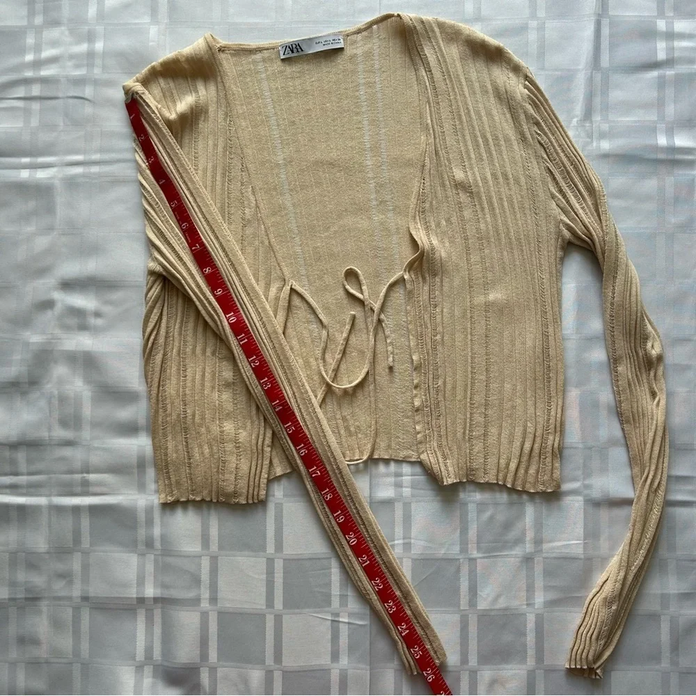 Zara Cream Stretch Loose Knit Tie Front Long Sleeve Cardigan Sweater - Picture 7 of 13